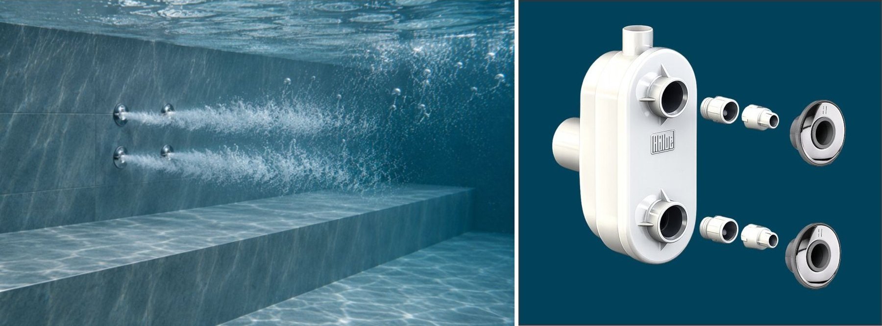 Hidromassagem Duo Jet: dois jatos em linha na parede da piscina