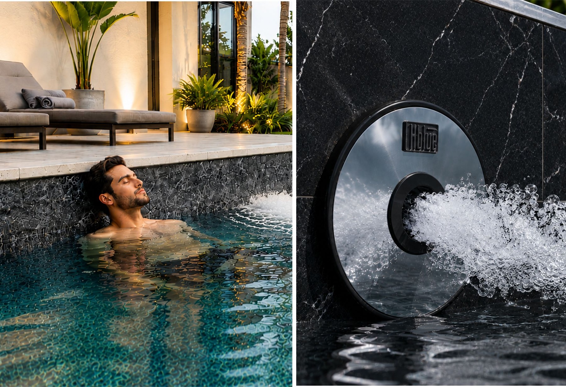 Hidromassagem Platinum instalada em piscina de pastilha azul