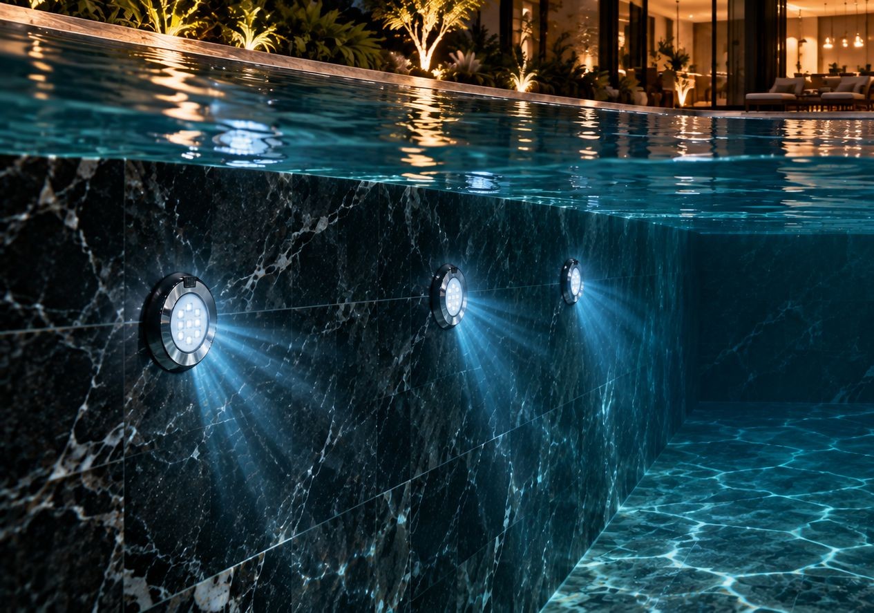 Piscina iluminada à noite com refletores Hblue